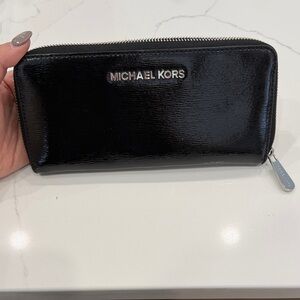 Michael Kors Glossy Black Wallet with Silver Accents